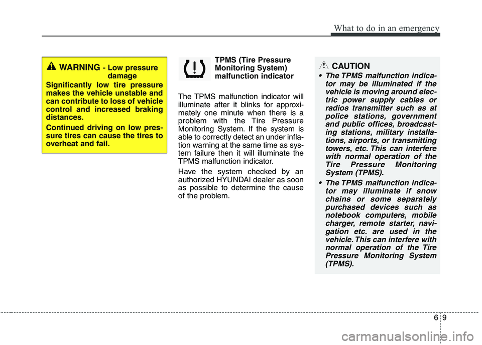 HYUNDAI VELOSTER 2013  Owners Manual 69
What to do in an emergency
TPMS (Tire Pressure
Monitoring System)
malfunction indicator
The TPMS malfunction indicator will
illuminate after it blinks for approxi-
mately one minute when there is a