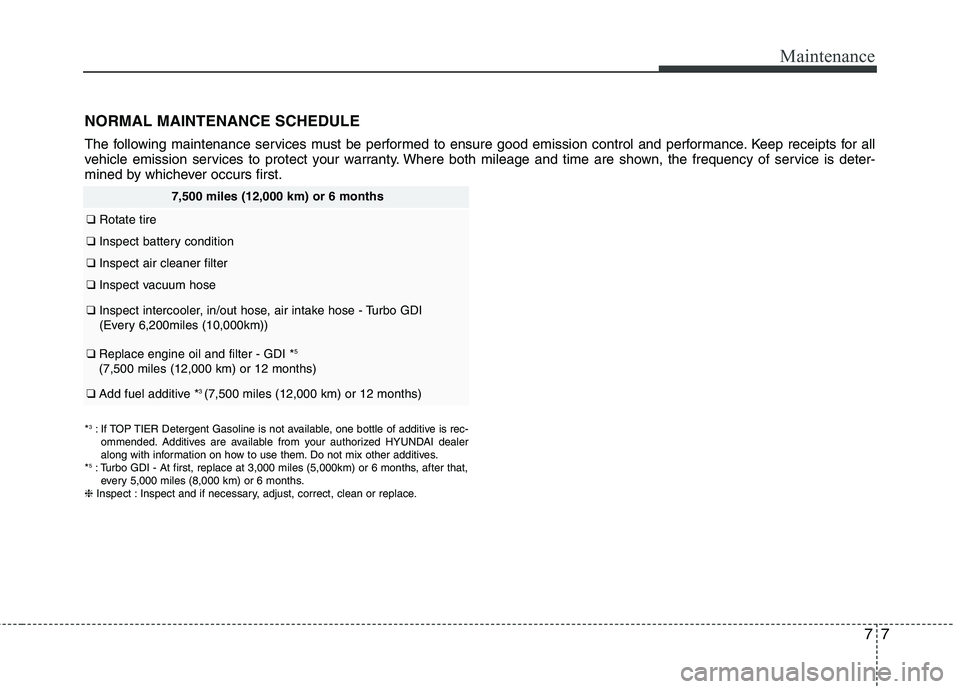 HYUNDAI VELOSTER 2013  Owners Manual 77
Maintenance
NORMAL MAINTENANCE SCHEDULE
The following maintenance services must be performed to ensure good emission control and performance. Keep receipts for all
vehicle emission services to prot