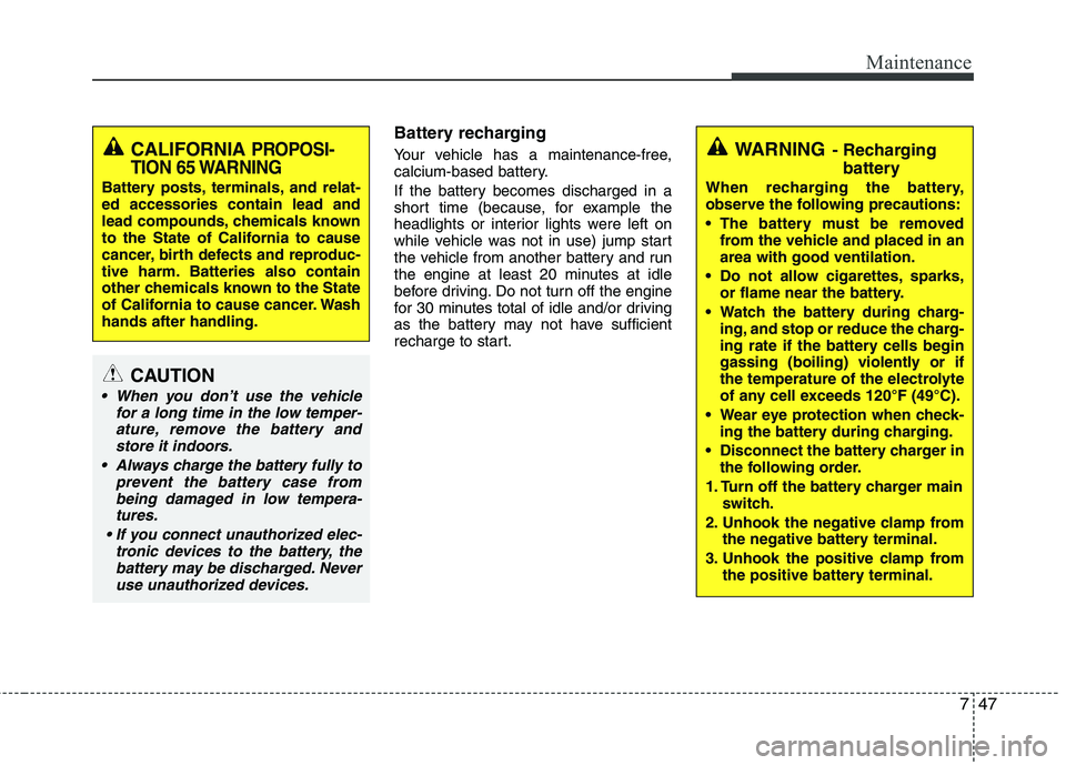 HYUNDAI VELOSTER 2013 Owners Manual 747
Maintenance
Battery recharging
Your vehicle has a maintenance-free,
calcium-based battery.
If the battery becomes discharged in a
short time (because, for example the
headlights or interior ligh HYUNDAI VELOSTER 2013 Owners Manual 747
Maintenance
Battery recharging
Your vehicle has a maintenance-free,
calcium-based battery.
If the battery becomes discharged in a
short time (because, for example the
headlights or interior ligh