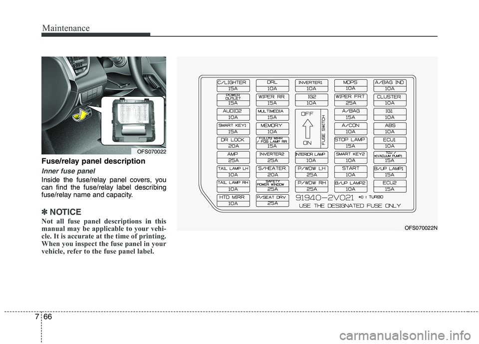 HYUNDAI VELOSTER 2013  Owners Manual Maintenance
66 7
Fuse/relay panel description
Inner fuse panel
Inside the fuse/relay panel covers, you
can find the fuse/relay label describing
fuse/relay name and capacity.
✽ ✽
NOTICE
Not all fus