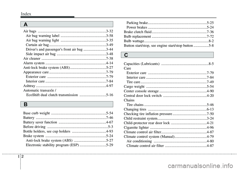 HYUNDAI VELOSTER 2013  Owners Manual Index
2I
Air bags ........................................................................3-32
Air bag warning label ................................................3-58
Air bag warning light ........