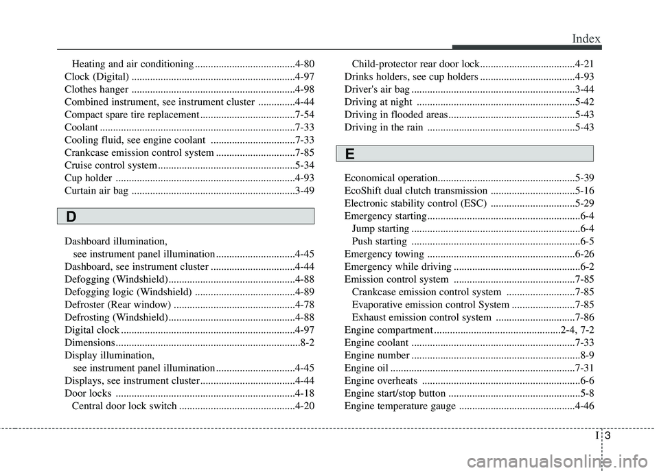 HYUNDAI VELOSTER 2013  Owners Manual I3
Index
Heating and air conditioning ......................................4-80
Clock (Digital) ..............................................................4-97
Clothes hanger .....................