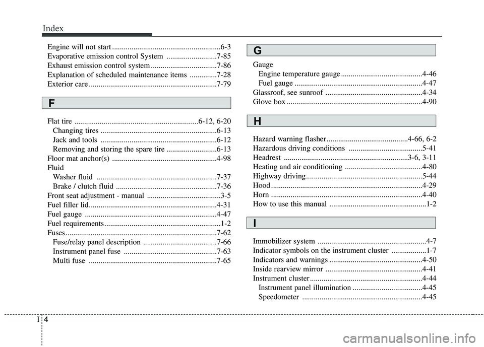 HYUNDAI VELOSTER 2013  Owners Manual Index
4I
Engine will not start ........................................................6-3
Evaporative emission control System ..........................7-85
Exhaust emission control system ..........