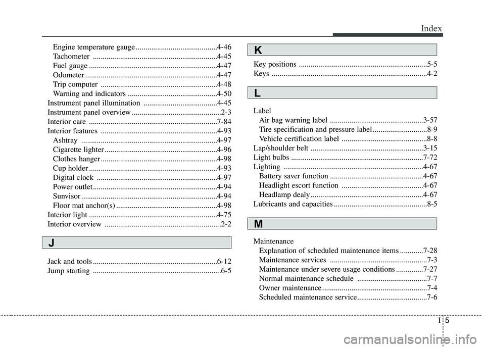 HYUNDAI VELOSTER 2013  Owners Manual I5
Index
Engine temperature gauge ..........................................4-46
Tachometer ................................................................4-45
Fuel gauge ............................