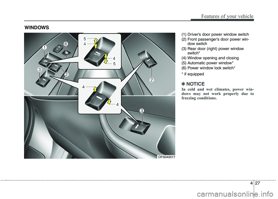 HYUNDAI VELOSTER 2012 Owners Manual 427
Features of your vehicle
(1) Driver’s door power window switch
(2) Front passenger’s door power win-
dow switch
(3) Rear door (right) power window
switch*
(4) Window opening and closing
(5) Au HYUNDAI VELOSTER 2012 Owners Manual 427
Features of your vehicle
(1) Driver’s door power window switch
(2) Front passenger’s door power win-
dow switch
(3) Rear door (right) power window
switch*
(4) Window opening and closing
(5) Au