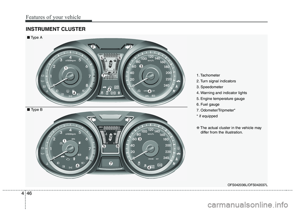 HYUNDAI VELOSTER 2012 Owners Manual Features of your vehicle
46 4
INSTRUMENT CLUSTER
OFS042036L/OFS042037L
■Type A
■ Type B1. Tachometer
2. Turn signal indicators
3. Speedometer
4. Warning and indicator lights
5. Engine temperature HYUNDAI VELOSTER 2012 Owners Manual Features of your vehicle
46 4
INSTRUMENT CLUSTER
OFS042036L/OFS042037L
■Type A
■ Type B1. Tachometer
2. Turn signal indicators
3. Speedometer
4. Warning and indicator lights
5. Engine temperature