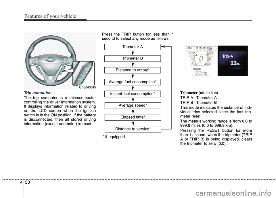 HYUNDAI VELOSTER 2012 Owners Manual Features of your vehicle
50 4
Trip computer
The trip computer is a microcomputer
controlling the driver information system.
It displays information related to driving
on the LCD screen when the igniti HYUNDAI VELOSTER 2012 Owners Manual Features of your vehicle
50 4
Trip computer
The trip computer is a microcomputer
controlling the driver information system.
It displays information related to driving
on the LCD screen when the igniti