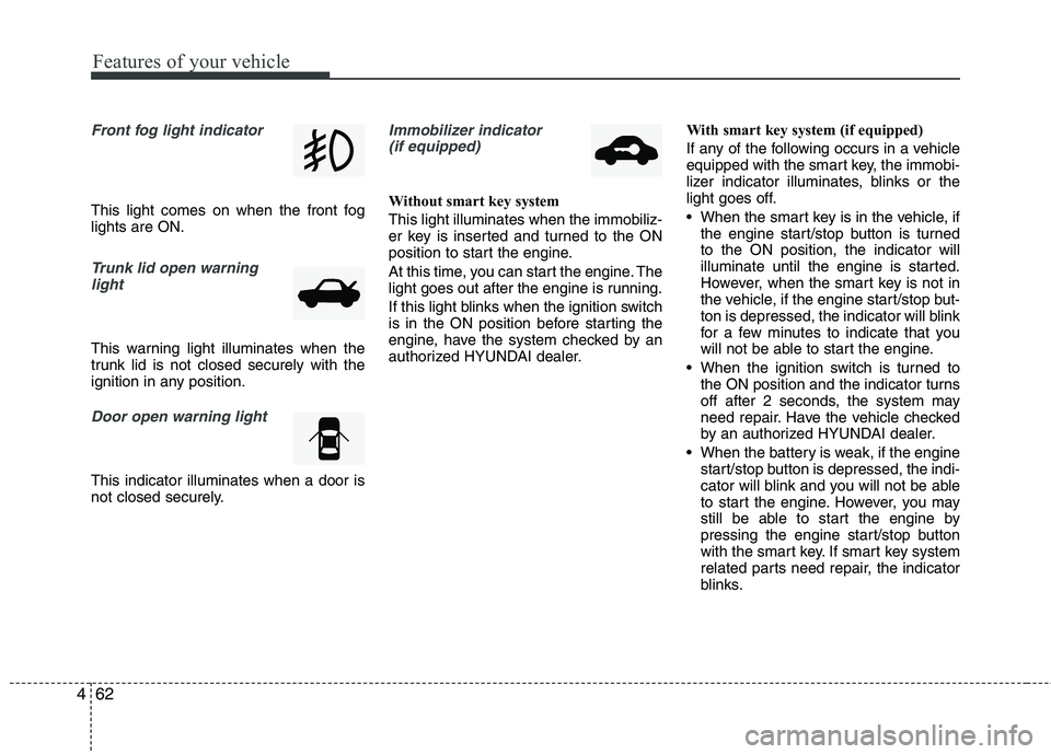 HYUNDAI VELOSTER 2012 Owners Manual Features of your vehicle
62 4
Front fog light indicator
This light comes on when the front fog
lights are ON.
Trunk lid open warning
light
This warning light illuminates when the
trunk lid is not clo HYUNDAI VELOSTER 2012 Owners Manual Features of your vehicle
62 4
Front fog light indicator
This light comes on when the front fog
lights are ON.
Trunk lid open warning
light
This warning light illuminates when the
trunk lid is not clo