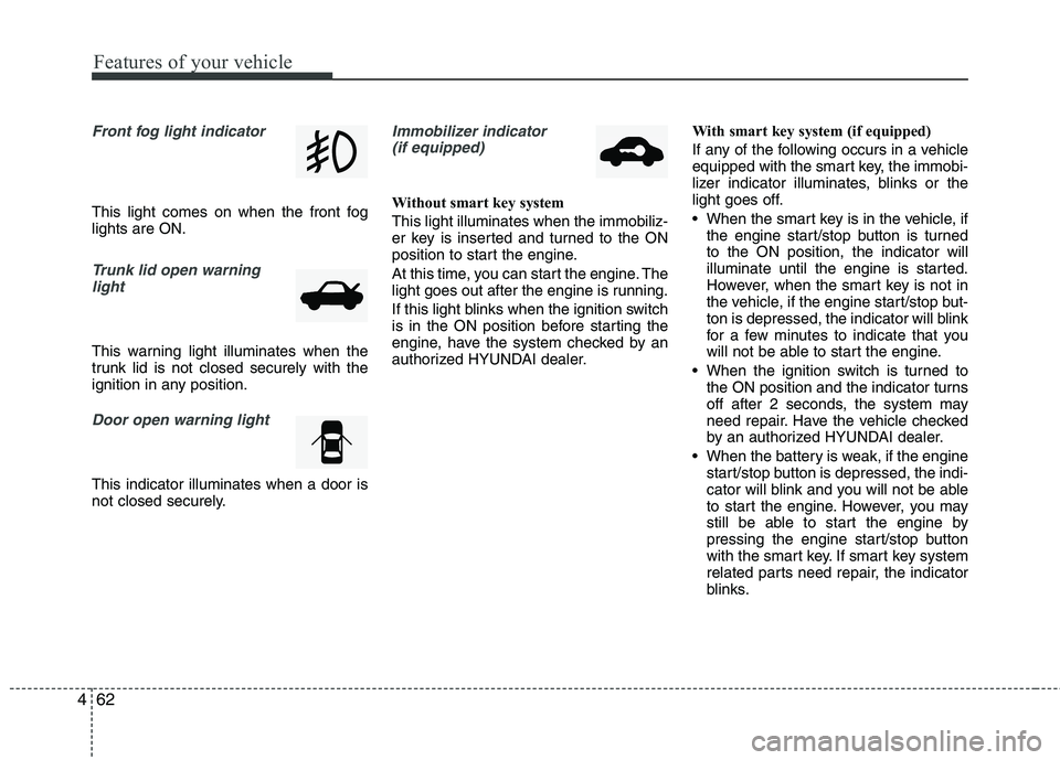 HYUNDAI VELOSTER 2012  Owners Manual Features of your vehicle
62 4
Front fog light indicator 
This light comes on when the front fog
lights are ON.
Trunk lid open warning
light
This warning light illuminates when the
trunk lid is not clo