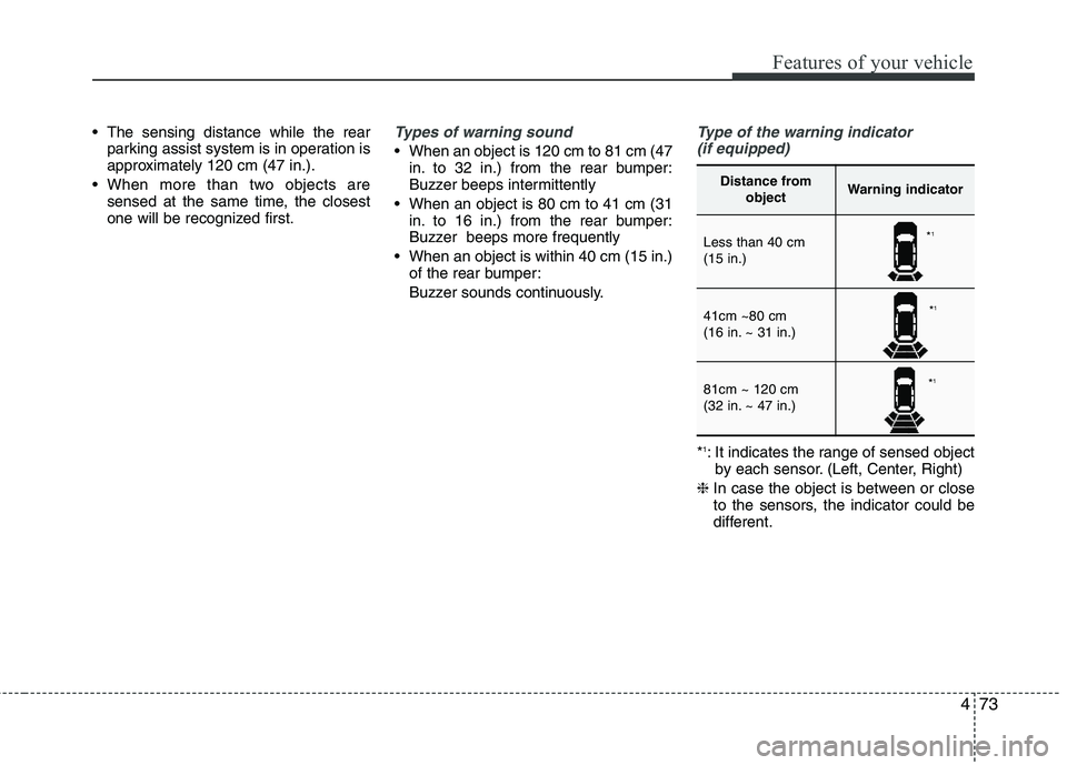 HYUNDAI VELOSTER 2012 Owners Manual 473
Features of your vehicle
The sensing distance while the rear
parking assist system is in operation is
approximately 120 cm (47 in.).
When more than two objects are
sensed at the same time, the c HYUNDAI VELOSTER 2012 Owners Manual 473
Features of your vehicle
The sensing distance while the rear
parking assist system is in operation is
approximately 120 cm (47 in.).
When more than two objects are
sensed at the same time, the c
