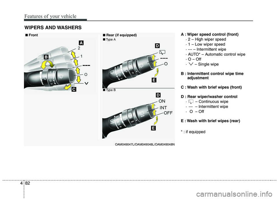 HYUNDAI VELOSTER 2012  Owners Manual Features of your vehicle
82 4
WIPERS AND WASHERS
A : Wiper speed control (front)
· 2 – High wiper speed
· 1 – Low wiper speed
· --- – Intermittent wipe 
· AUTO* – Automatic control wipe
·