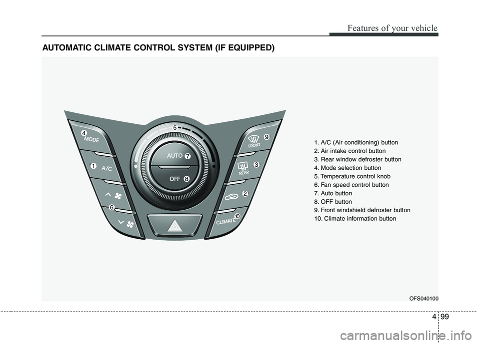 HYUNDAI VELOSTER 2012 Owners Manual 499
Features of your vehicle
AUTOMATIC CLIMATE CONTROL SYSTEM (IF EQUIPPED)
1. A/C (Air conditioning) button
2. Air intake control button
3. Rear window defroster button
4. Mode selection button
5. Te HYUNDAI VELOSTER 2012 Owners Manual 499
Features of your vehicle
AUTOMATIC CLIMATE CONTROL SYSTEM (IF EQUIPPED)
1. A/C (Air conditioning) button
2. Air intake control button
3. Rear window defroster button
4. Mode selection button
5. Te