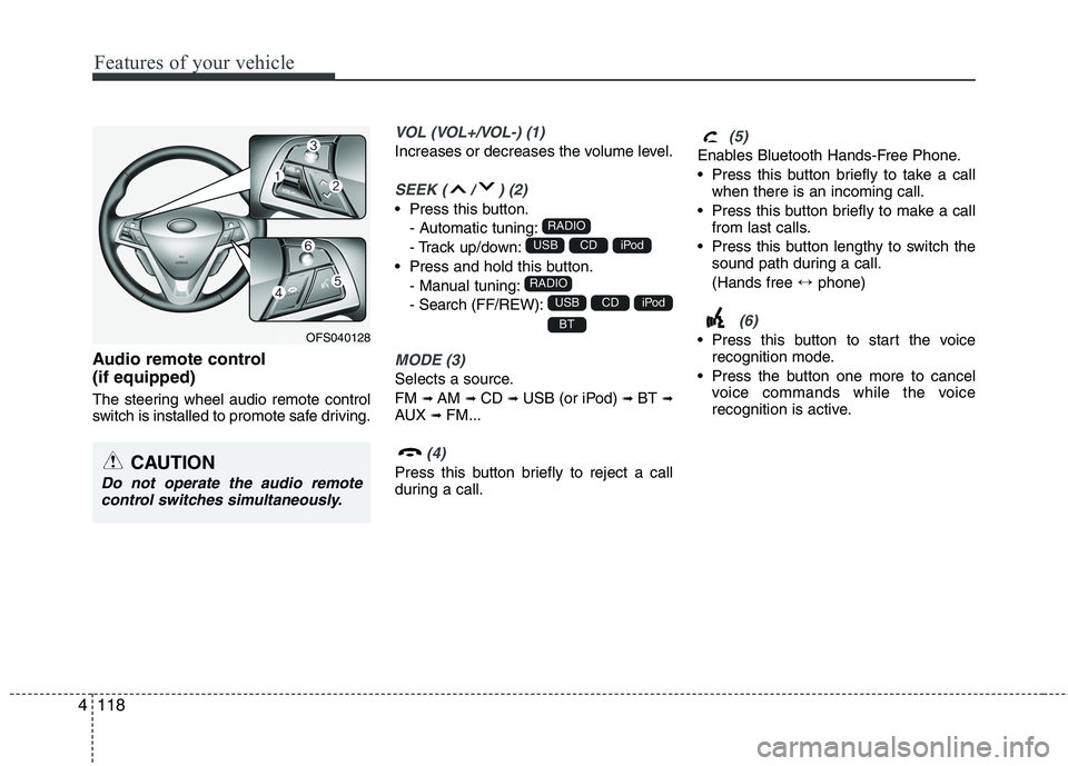 HYUNDAI VELOSTER 2012 Owners Manual Features of your vehicle
118 4
Audio remote control
(if equipped)
The steering wheel audio remote control
switch is installed to promote safe driving.
VOL (VOL+/VOL-) (1)
Increases or decreases the HYUNDAI VELOSTER 2012 Owners Manual Features of your vehicle
118 4
Audio remote control
(if equipped)
The steering wheel audio remote control
switch is installed to promote safe driving.
VOL (VOL+/VOL-) (1)
Increases or decreases the