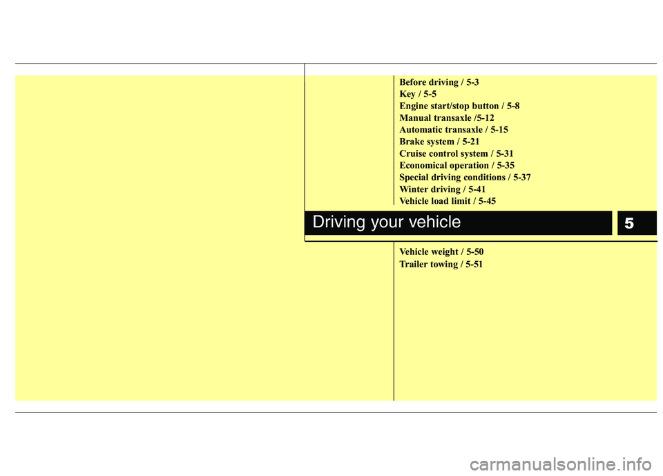 HYUNDAI VELOSTER 2012 Owners Manual 5
Before driving / 5-3
Key / 5-5
Engine start/stop button / 5-8
Manual transaxle /5-12
Automatic transaxle / 5-15
Brake system / 5-21
Cruise control system / 5-31
Economical operation / 5-35
Special d HYUNDAI VELOSTER 2012 Owners Manual 5
Before driving / 5-3
Key / 5-5
Engine start/stop button / 5-8
Manual transaxle /5-12
Automatic transaxle / 5-15
Brake system / 5-21
Cruise control system / 5-31
Economical operation / 5-35
Special d