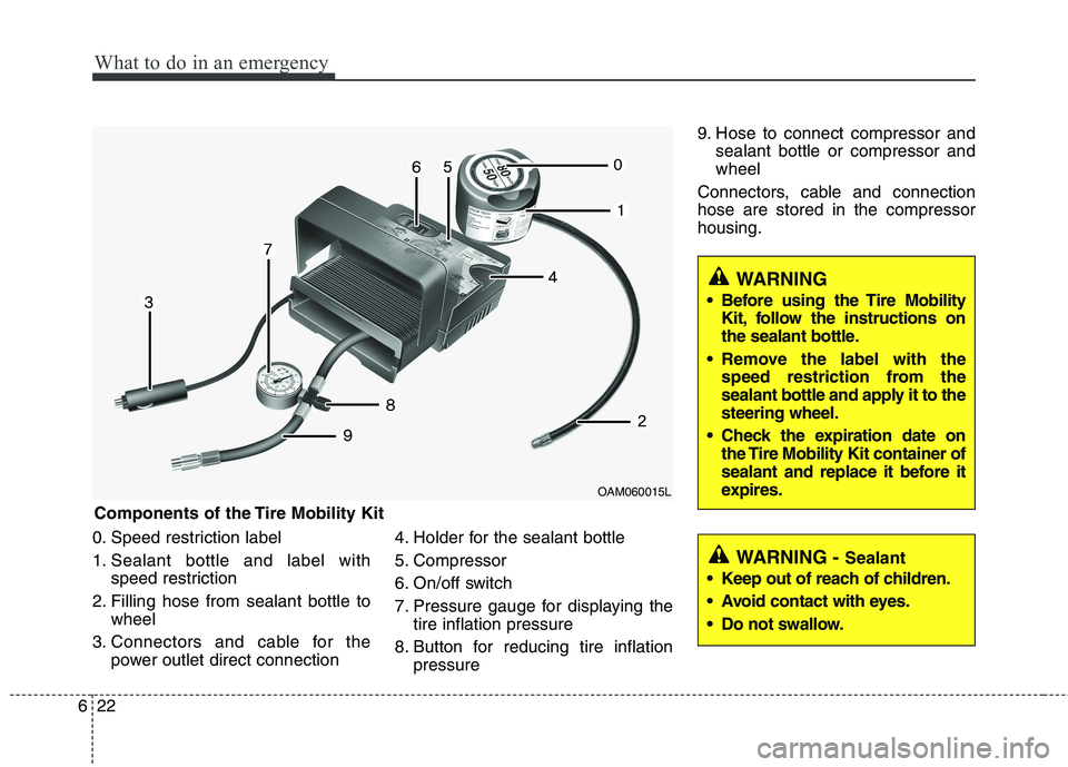 HYUNDAI VELOSTER 2012 Owners Manual What to do in an emergency
22 6
0. Speed restriction label
1. Sealant bottle and label with
speed restriction
2. Filling hose from sealant bottle to
wheel
3. Connectors and cable for the
power outlet HYUNDAI VELOSTER 2012 Owners Manual What to do in an emergency
22 6
0. Speed restriction label
1. Sealant bottle and label with
speed restriction
2. Filling hose from sealant bottle to
wheel
3. Connectors and cable for the
power outlet