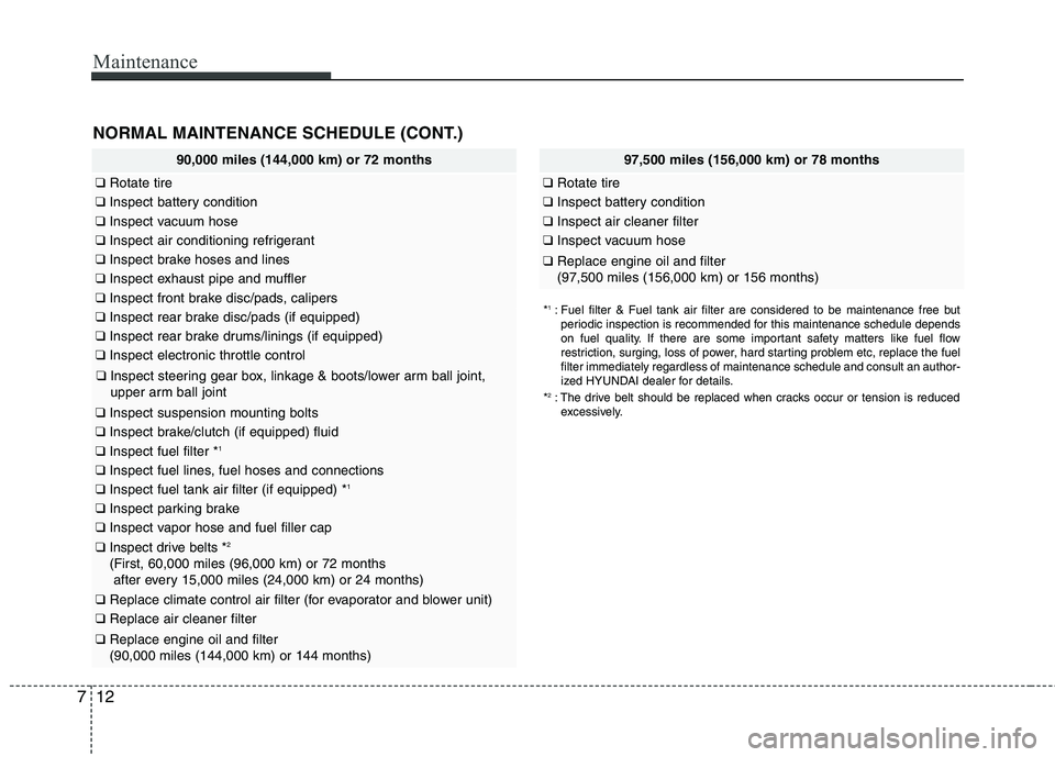 HYUNDAI VELOSTER 2012 Owners Manual Maintenance
12 7
NORMAL MAINTENANCE SCHEDULE (CONT.)
97,500 miles (156,000 km) or 78 months
❑Rotate tire
❑Inspect battery condition
❑Inspect air cleaner filter
❑Inspect vacuum hose
❑Replace HYUNDAI VELOSTER 2012 Owners Manual Maintenance
12 7
NORMAL MAINTENANCE SCHEDULE (CONT.)
97,500 miles (156,000 km) or 78 months
❑Rotate tire
❑Inspect battery condition
❑Inspect air cleaner filter
❑Inspect vacuum hose
❑Replace