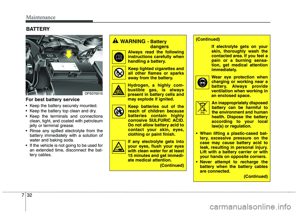 HYUNDAI VELOSTER 2012 Owners Manual Maintenance
32 7
For best battery service
Keep the battery securely mounted.
Keep the battery top clean and dry.
Keep the terminals and connections
clean, tight, and coated with petroleum
jelly or HYUNDAI VELOSTER 2012 Owners Manual Maintenance
32 7
For best battery service
Keep the battery securely mounted.
Keep the battery top clean and dry.
Keep the terminals and connections
clean, tight, and coated with petroleum
jelly or