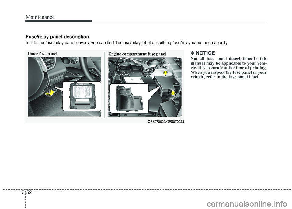 HYUNDAI VELOSTER 2012 Owners Manual Maintenance
52 7
✽
✽
NOTICE
Not all fuse panel descriptions in this
manual may be applicable to your vehi-
cle. It is accurate at the time of printing.
When you inspect the fuse panel in your
vehi HYUNDAI VELOSTER 2012 Owners Manual Maintenance
52 7
✽
✽
NOTICE
Not all fuse panel descriptions in this
manual may be applicable to your vehi-
cle. It is accurate at the time of printing.
When you inspect the fuse panel in your
vehi