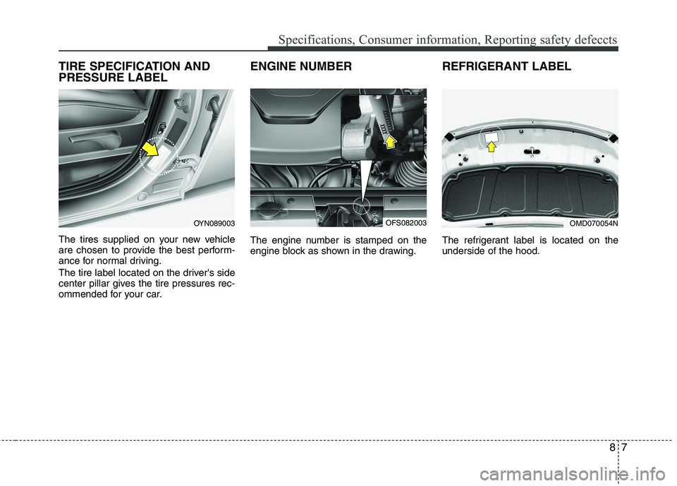 HYUNDAI VELOSTER 2012 Owners Manual 87
Specifications, Consumer information, Reporting safety defeccts
TIRE SPECIFICATION AND
PRESSURE LABEL
The tires supplied on your new vehicle
are chosen to provide the best perform-
ance for normal HYUNDAI VELOSTER 2012 Owners Manual 87
Specifications, Consumer information, Reporting safety defeccts
TIRE SPECIFICATION AND
PRESSURE LABEL
The tires supplied on your new vehicle
are chosen to provide the best perform-
ance for normal