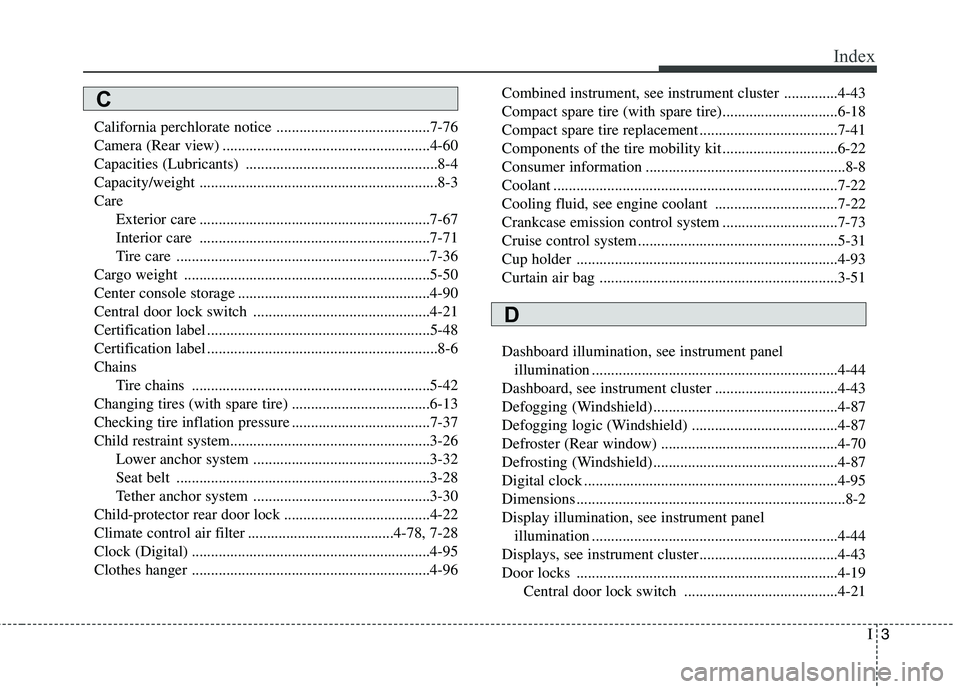 HYUNDAI VELOSTER 2012 Owners Manual I3
Index
California perchlorate notice ........................................7-76
Camera (Rear view) ......................................................4-60
Capacities (Lubricants) .............. HYUNDAI VELOSTER 2012 Owners Manual I3
Index
California perchlorate notice ........................................7-76
Camera (Rear view) ......................................................4-60
Capacities (Lubricants) ..............