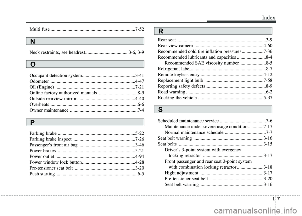 HYUNDAI VELOSTER 2012  Owners Manual I7
Index
Multi fuse ......................................................................7-52
Neck restraints, see headrest....................................3-6, 3-9
Occupant detection system......