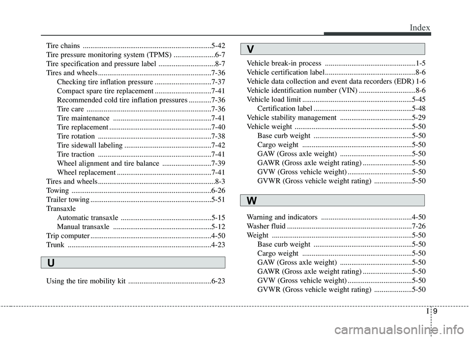HYUNDAI VELOSTER 2012 Owners Manual I9
Index
Tire chains ....................................................................5-42
Tire pressure monitoring system (TPMS) ......................6-7
Tire specification and pressure label ... HYUNDAI VELOSTER 2012 Owners Manual I9
Index
Tire chains ....................................................................5-42
Tire pressure monitoring system (TPMS) ......................6-7
Tire specification and pressure label ...
