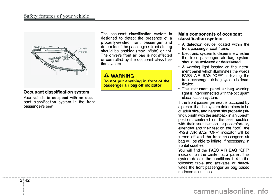 HYUNDAI VELOSTER 2012 Workshop Manual Safety features of your vehicle
42 3
Occupant classification system
Your vehicle is equipped with an occu-
pant classification system in the front
passengers seat.The occupant classification system i