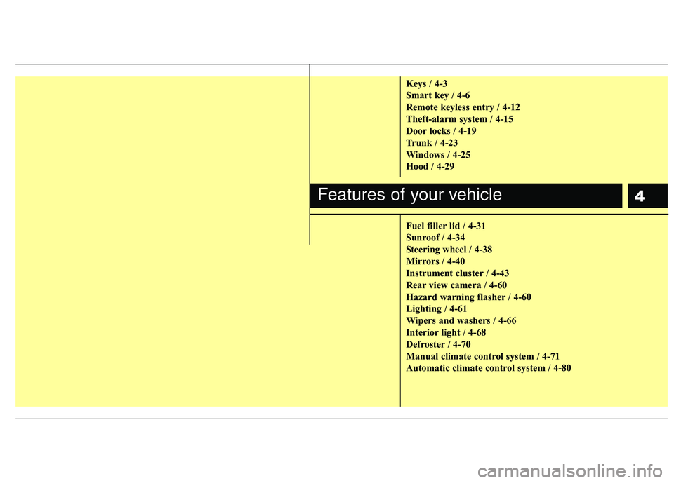 HYUNDAI VELOSTER 2012 Manual PDF 4
Keys / 4-3
Smart key / 4-6
Remote keyless entry / 4-12
Theft-alarm system / 4-15
Door locks / 4-19
Trunk / 4-23
Windows / 4-25
Hood / 4-29
Fuel filler lid / 4-31
Sunroof / 4-34
Steering wheel / 4-38