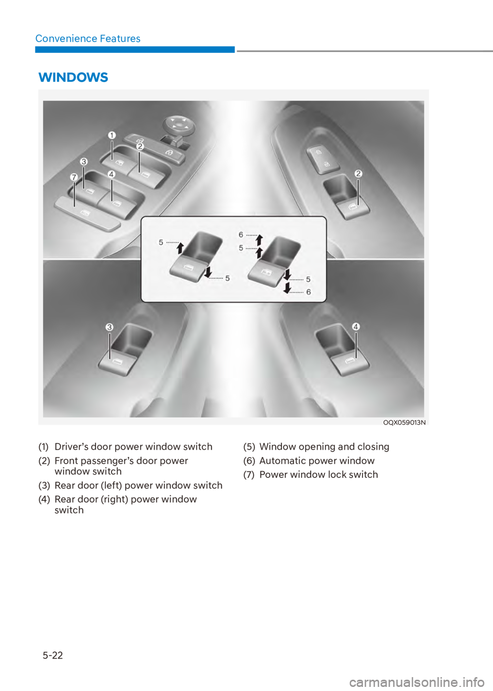 HYUNDAI VENUE 2023 Owners Manual 5-22
Convenience Features
(1) Driver’s door power window switch
(2) Front passenger’s door power
window switch
(3) Rear door (left) power window switch
(4) Rear door (right) power window swi HYUNDAI VENUE 2023 Owners Manual 5-22
Convenience Features
(1) Driver’s door power window switch
(2) Front passenger’s door power
window switch
(3) Rear door (left) power window switch
(4) Rear door (right) power window swi