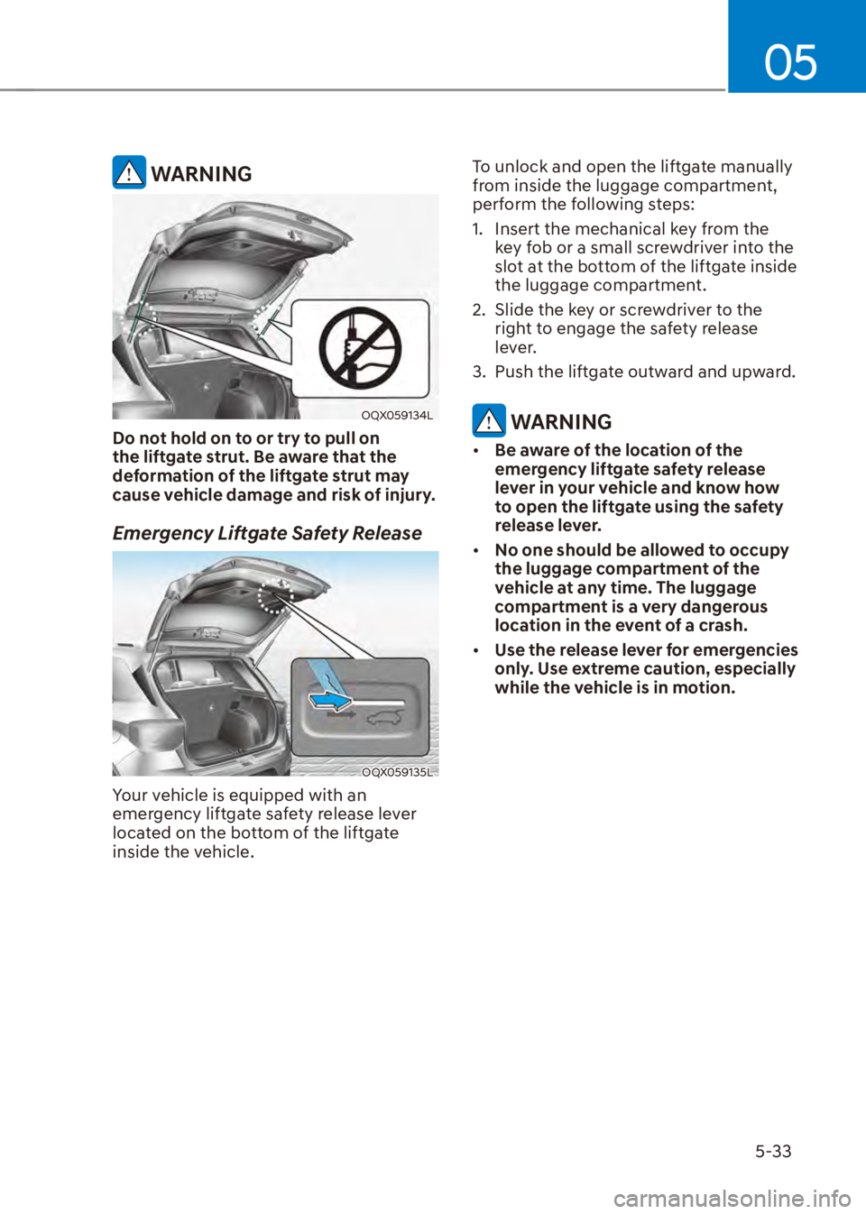 HYUNDAI VENUE 2023  Owners Manual 05
5-33
 WARNING
OQX059134L
Do not hold on to or try to pull on 
the liftgate strut. Be aware that the 
deformation of the liftgate strut may 
cause vehicle damage and risk of injury.
Emergency Liftga