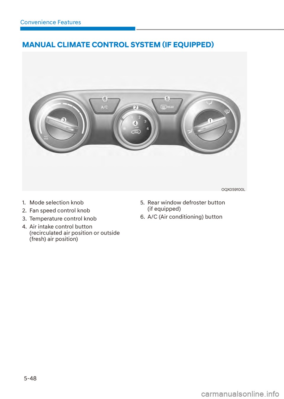 HYUNDAI VENUE 2023  Owners Manual 5-48
Convenience Features
1.  Mode selection knob
2.  Fan speed control knob
3.  Temperature control knob
4.  Air intake control button  
(recirculated air position or outside 
(fresh) air position) 5