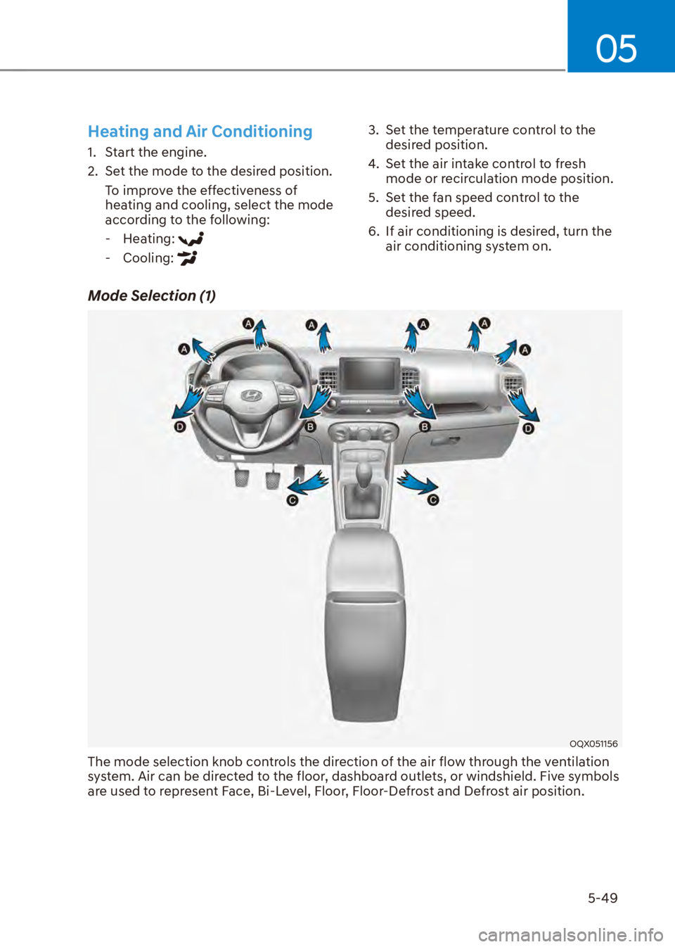 HYUNDAI VENUE 2023  Owners Manual 05
5-49
Heating and Air Conditioning
1.  Start the engine.
2.  Set the mode to the desired position.To improve the effectiveness of 
heating and cooling, select the mode 
according to the following:
 