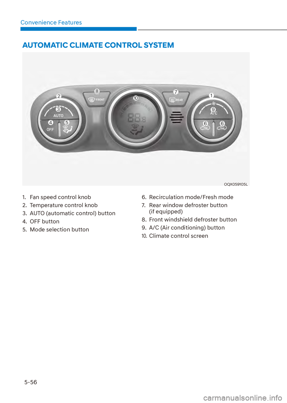 HYUNDAI VENUE 2023  Owners Manual 5-56
Convenience Features
1.  Fan speed control knob
2.  Temperature control knob
3.  AUTO (automatic control) button
4. OFF button
5.  Mode selection button
6.  Recirculation mode/Fresh mode
7.  Rear