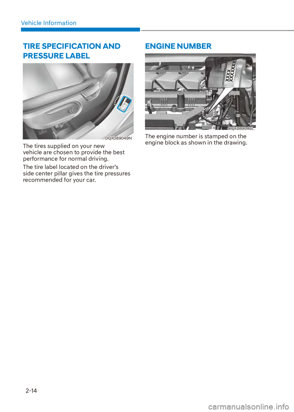 HYUNDAI VENUE 2023 Owners Manual Vehicle Information2-14
TIRE SPECIFICATION AND 
PRESSURE LABEL
OQX089049N
The tires supplied on your new 
vehicle are chosen to provide the best 
performance for normal driving.
The tire label located