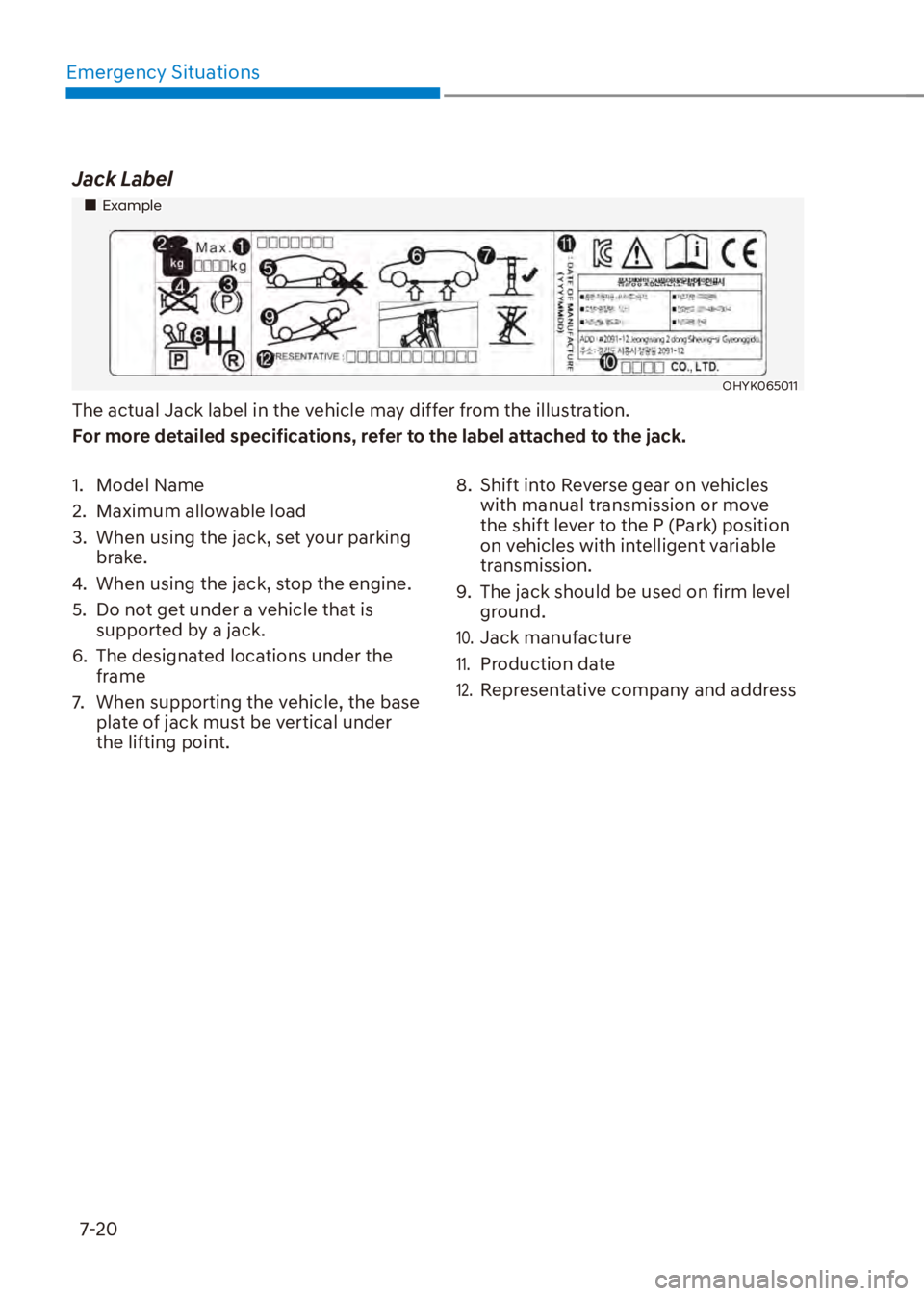 HYUNDAI VENUE 2023  Owners Manual Emergency Situations7-20
Jack Label
��„Example
OHYK065011
The actual Jack label in the vehicle may differ from the illustration.
For more detailed specifications, refer to the label attached to the