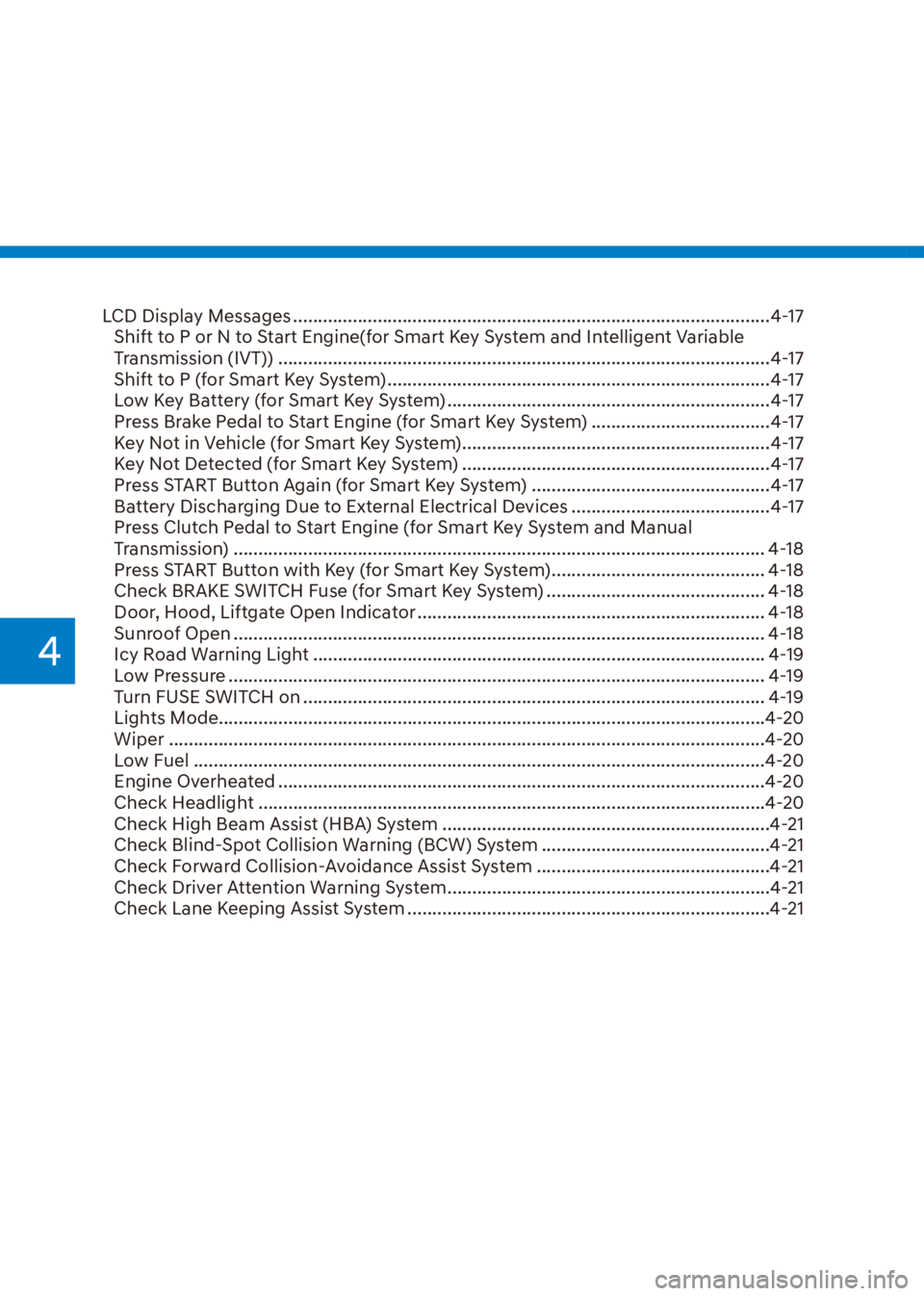 HYUNDAI VENUE 2023 Manual PDF 4
LCD Display Messages ........................................................................\
........................4-17Shift to P or N to Start Engine(for Smart Key System and Intelligent Variab