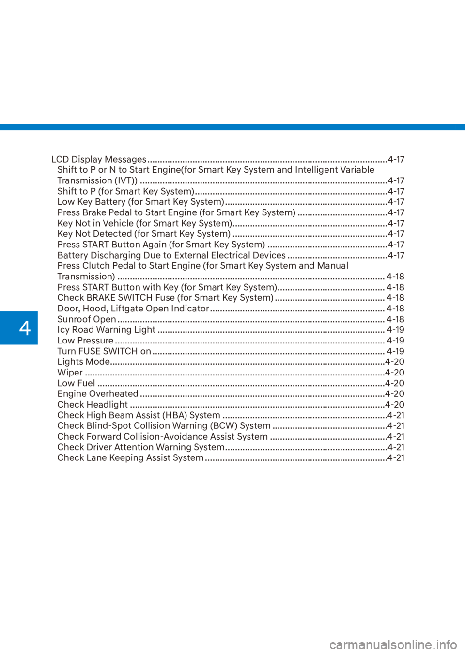 HYUNDAI VENUE 2023  Owners Manual 4
LCD Display Messages ........................................................................\
........................4-17Shift to P or N to Start Engine(for Smart Key System and Intelligent Variab