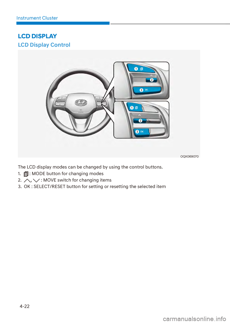 HYUNDAI VENUE 2023  Owners Manual 4-22
Instrument Cluster
LCD Display Control
OQX069070
The LCD display modes can be changed by using the control buttons.
1. 
 : MODE button for changing modes
2. 
,  : MOVE switch for changing items
3
