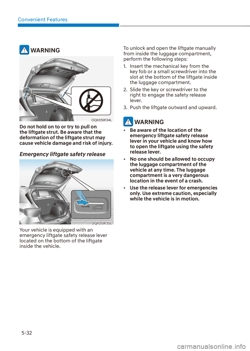 HYUNDAI VENUE 2022  Owners Manual Convenient Features
5-32
 WARNING
OQX059134L
Do not hold on to or try to pull on 
the liftgate strut. Be aware that the 
deformation of the liftgate strut may 
cause vehicle damage and risk of injury.