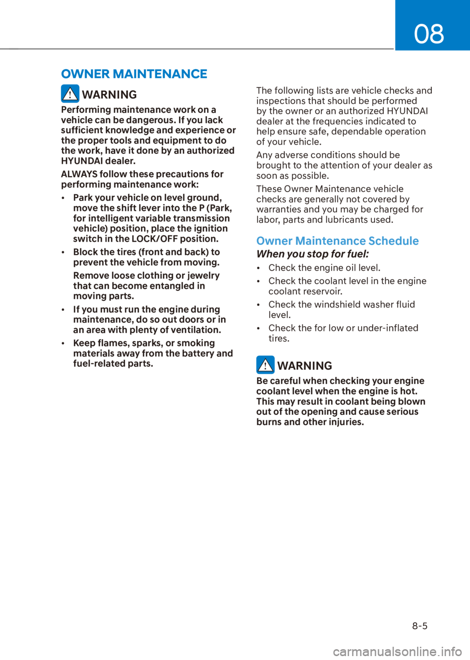 HYUNDAI VENUE 2022  Owners Manual 08
8-5
 WARNING
Performing maintenance work on a 
vehicle can be dangerous. If you lack 
sufficient knowledge and experience or 
the proper tools and equipment to do 
the work, have it done by an auth
