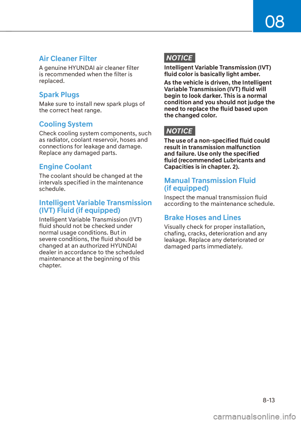HYUNDAI VENUE 2022  Owners Manual 08
8-13
Air Cleaner Filter
A genuine HYUNDAI air cleaner filter 
is recommended when the filter is 
replaced.
Spark Plugs
Make sure to install new spark plugs of 
the correct heat range.
Cooling Syste