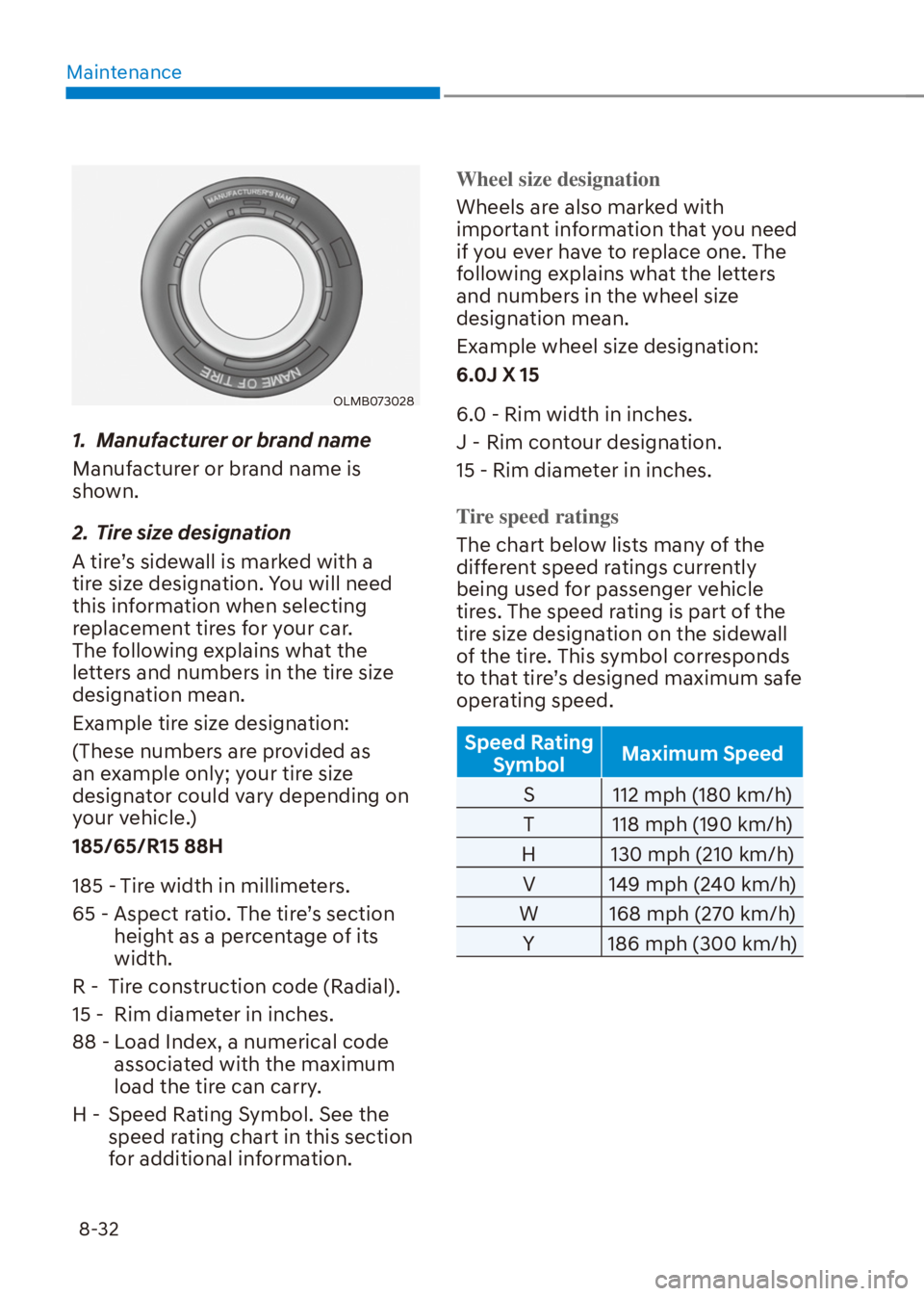 HYUNDAI VENUE 2022  Owners Manual Maintenance
8-32
OLMB073028
1.  Manufacturer or brand name
Manufacturer or brand name is 
shown.
2.  Tire size designation
A tire’s sidewall is marked with a 
tire size designation. You will need 
t
