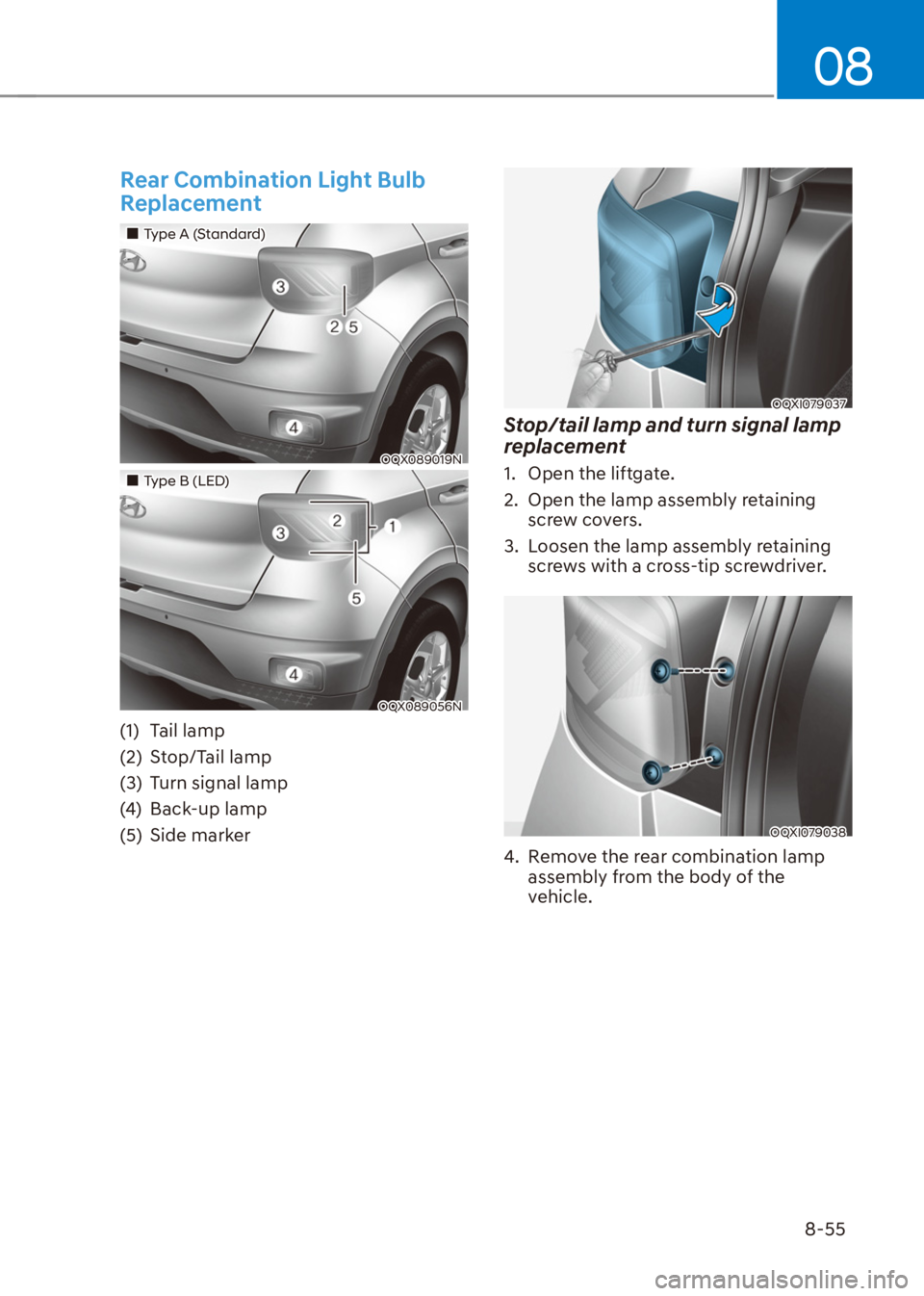 HYUNDAI VENUE 2022  Owners Manual 08
8-55
Rear Combination Light Bulb 
Replacement
��„Type A (Standard)
OQX089019N
��„Type B (LED)
OQX089056N
(1) Tail lamp
(2) Stop/Tail lamp
(3)  Turn signal lamp
(4) Back-up lamp
(5) Side marke