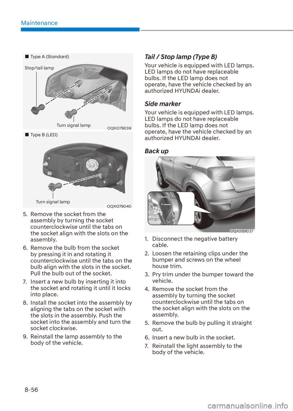 HYUNDAI VENUE 2022  Owners Manual Maintenance
8-56
Turn signal lampTurn signal lamp
Stop/tail lampStop/tail lamp
��„Type A (Standard)
OQXI079039
Turn signal lampTurn signal lamp
��„Type B (LED)
OQXI079040
5.  Remove the socket f