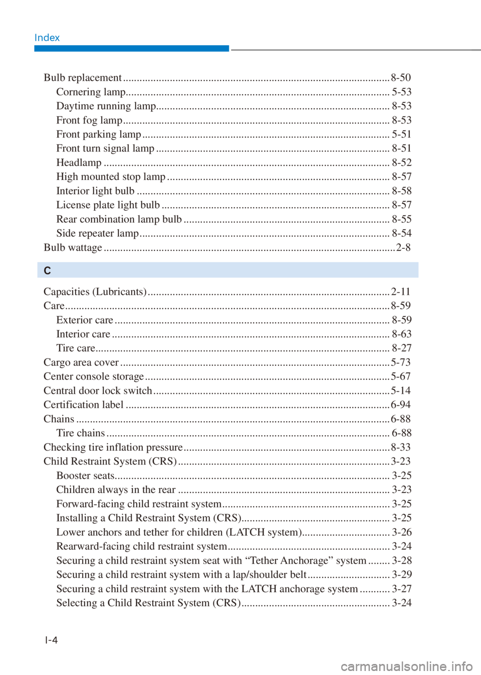 HYUNDAI VENUE 2022 User Guide Index
I-4
Bulb replacement ................................................................................................. 8-50
Cornering lamp........................................................