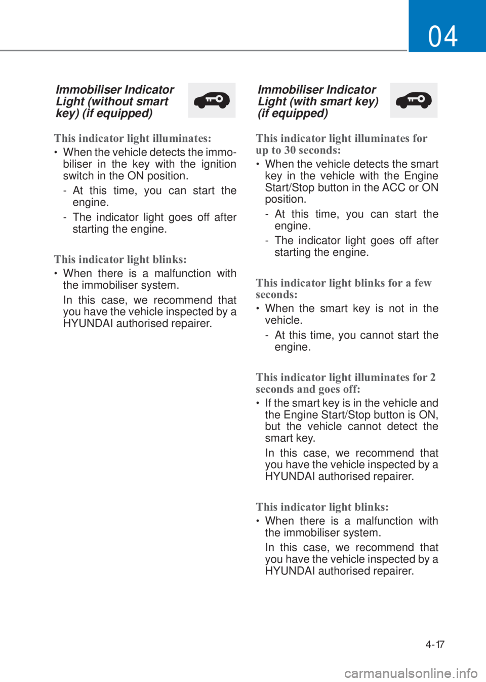 HYUNDAI I10 2023  Owners Manual 4-17
04
Immobiliser Indicator 
Light (without smart 
key) (if equipped)
�7his indicator light illuminates�
�‡�When the vehicle detects the immo-
biliser in the key with the ignition 
switch in the