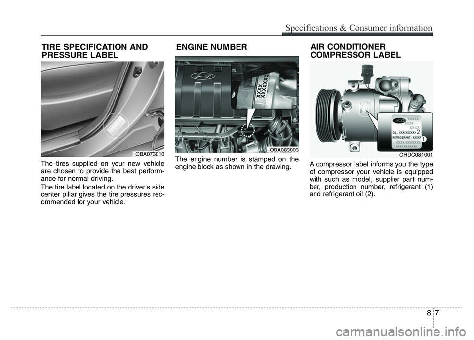 HYUNDAI I10 2018  Owners Manual 87
Specifications & Consumer information
The tires supplied on your new vehicle
are chosen to provide the best perform-
ance for normal driving.
The tire label located on the driver's side
center 