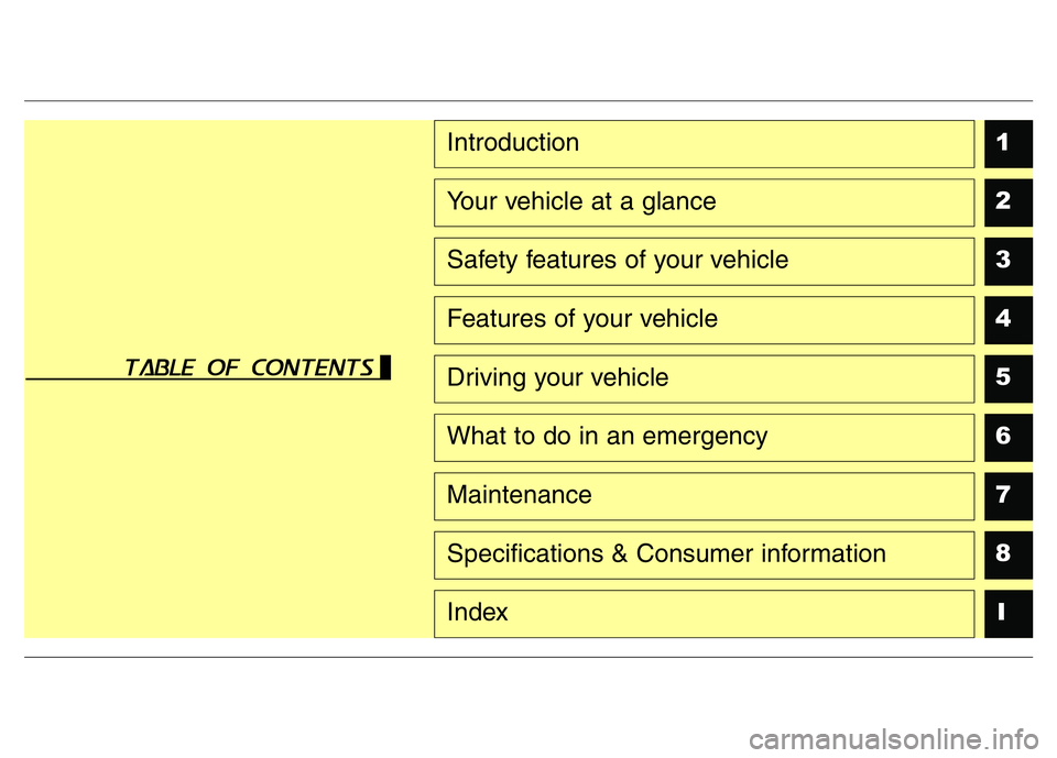 HYUNDAI I10 2018  Owners Manual 1
2
3
4
5
6
7
8
I
Introduction
Your vehicle at a glance
Safety features of your vehicle
Features of your vehicle
Driving your vehicle
What to do in an emergency
Maintenance
Specifications & Consumer i