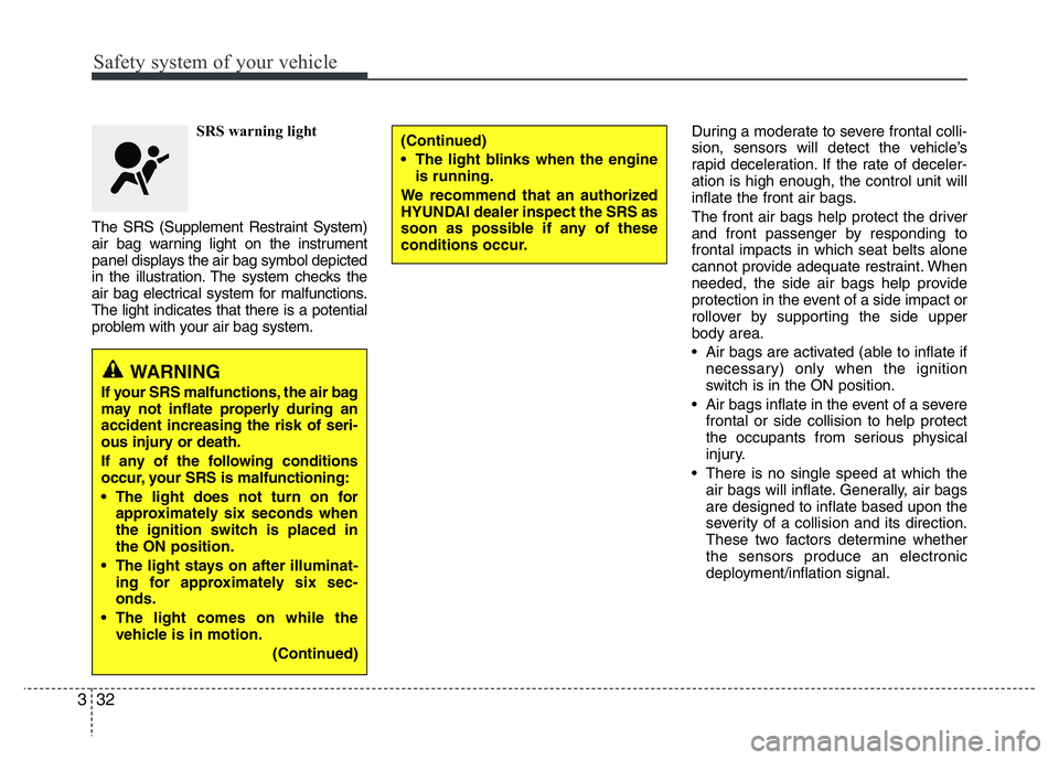HYUNDAI I10 2018 Service Manual Safety system of your vehicle
32 3
SRS warning light
The SRS (Supplement Restraint System)
air bag warning light on the instrument
panel displays the air bag symbol depicted
in the illustration. The s HYUNDAI I10 2018 Service Manual Safety system of your vehicle
32 3
SRS warning light
The SRS (Supplement Restraint System)
air bag warning light on the instrument
panel displays the air bag symbol depicted
in the illustration. The s