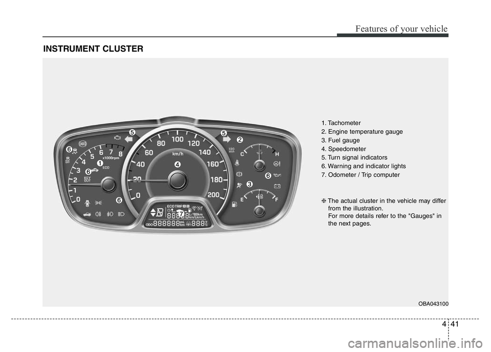 HYUNDAI I10 2017 Owners Manual 441
Features of your vehicle
INSTRUMENT CLUSTER
1. Tachometer
2. Engine temperature gauge
3. Fuel gauge
4. Speedometer
5. Turn signal indicators
6. Warning and indicator lights
7. Odometer / Trip com HYUNDAI I10 2017 Owners Manual 441
Features of your vehicle
INSTRUMENT CLUSTER
1. Tachometer
2. Engine temperature gauge
3. Fuel gauge
4. Speedometer
5. Turn signal indicators
6. Warning and indicator lights
7. Odometer / Trip com